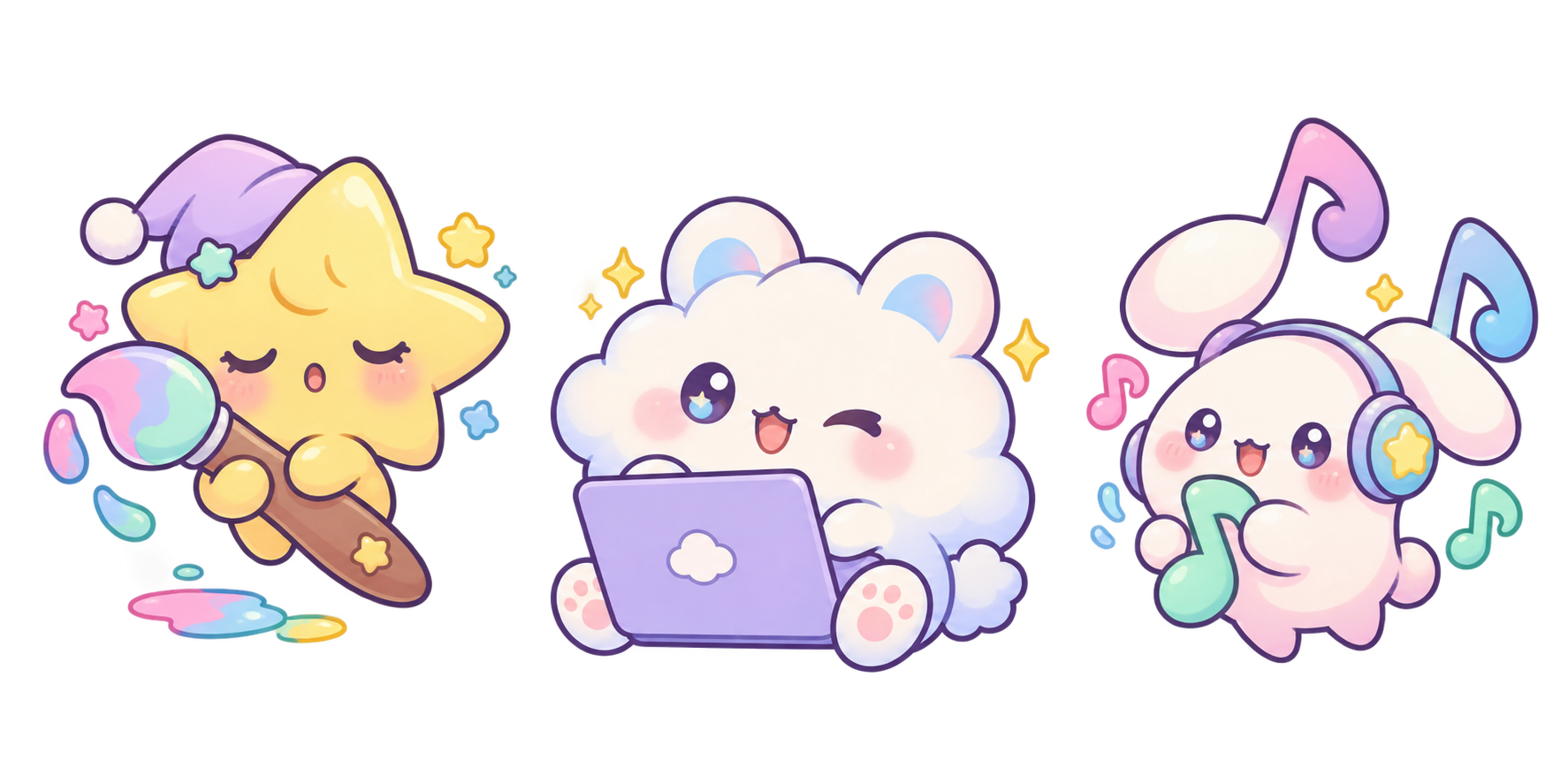Three original kawaii mascots representing painting, coding, and music.